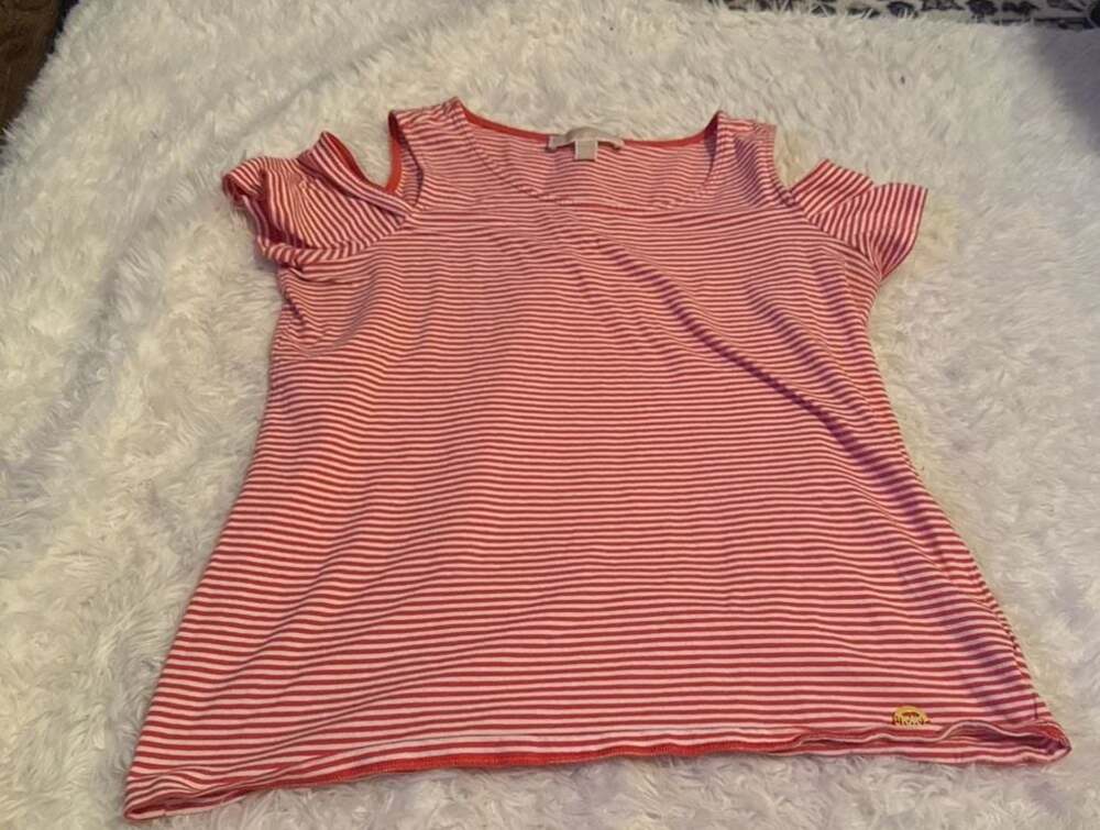 Michael Kors Red and White Striped Cold‎ Shoulder Ruffle Trim Top